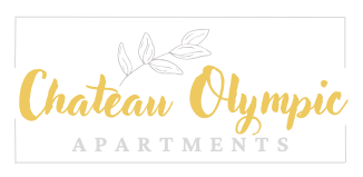 A logo for Chateau Olympic Apartments featuring a stylized olive branch.